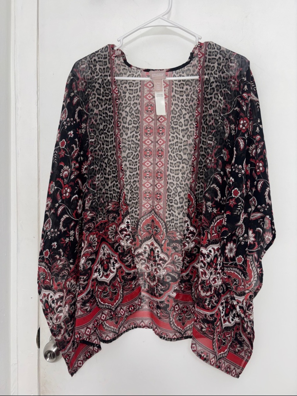 Chico's Black and Red Sheer Printed Kimono Cardigan